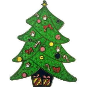 VTG Christmas Tree Suncatcher Plastic Stained Glass w/ Ornaments & Presents 8.5”